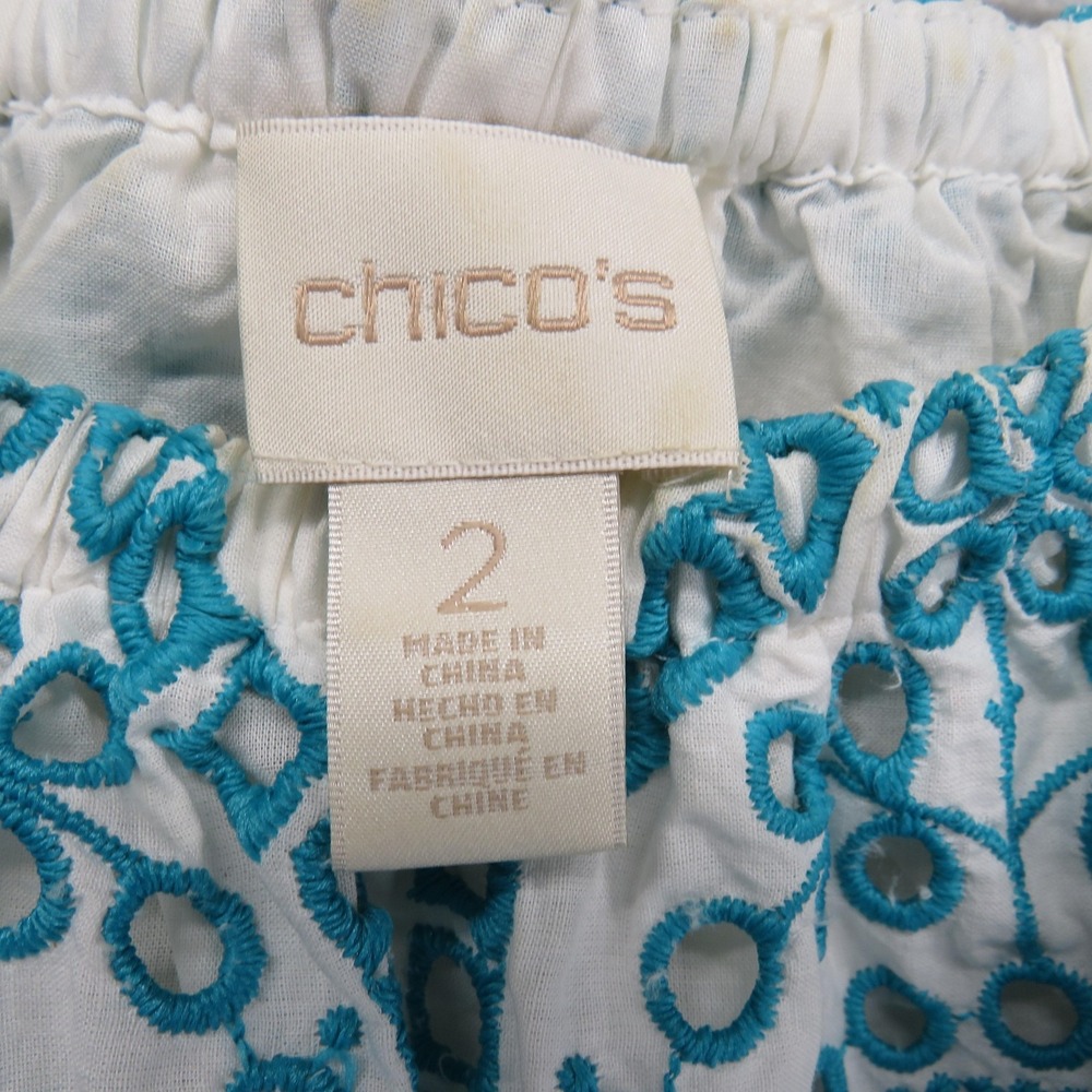Chicos Shirt Womens Large Teal Embroidered Eyelet Boho Peasant Short Sleeve‎ - Picture 4 of 8